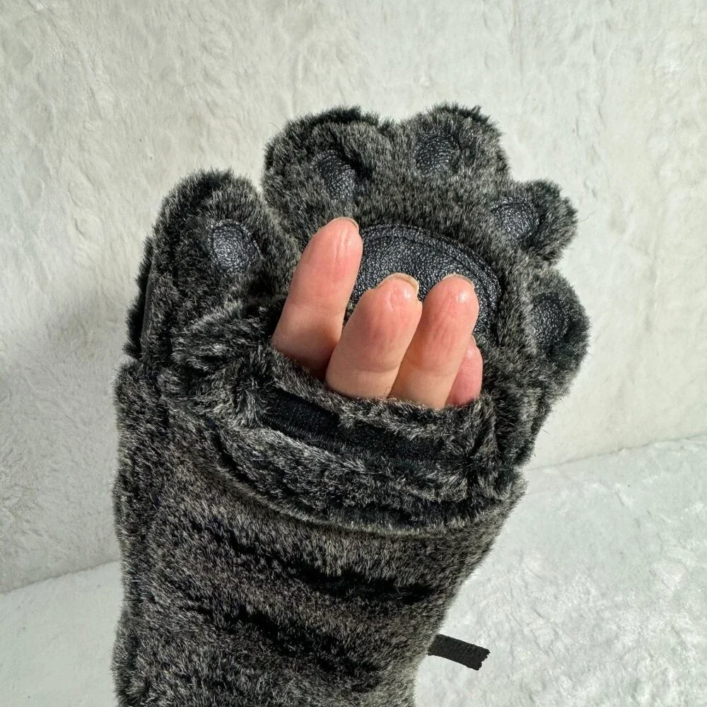 Bear Hands Fuzzy Paw Mittens W/ Non-Slip Grip & Thinsulate Lining Black Faux Fur